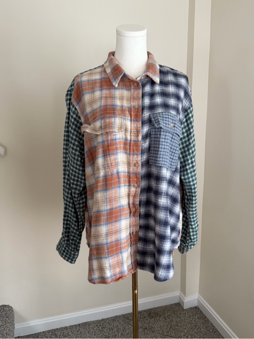 American Eagle Women’s Oversized Mixed Plaid Flannel Button Down Shirt - Cozy M